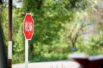 Traffic Signs In Thailand. (yuth In Thai Language) (stop In Engl Stock Photo