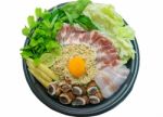 Noodle And Egg With Ingredient In Pot For Hot Sukiyaki Food Stock Photo