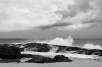 Pristine Beachfront At North Point, Moreton Island. Black And White Stock Photo