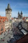 Old City Hall Tower And Church Of Our Lady Before Tyn In Prague Stock Photo