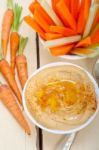 Fresh Hummus Dip With Raw Carrot And Celery Stock Photo