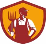 Organic Farmer Pitchfork Crest Retro Stock Photo