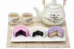 Three Mooncake With Tea Stock Photo