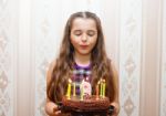 Little Girl Blowing Out Candles On The Cake Stock Photo