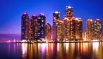 Cityscape And Gwangan Bridge In Busan, South Korea Skyline Stock Photo