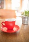 Red Cup Of Coffee And Green Plant Bucket On Wooden Table Stock Photo