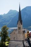 View Of The Evangelical Parish Church In Hallstatt Stock Photo