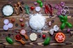 Raw Dough With Ingredients For Homemade Pizza On Shabby Wooden B Stock Photo