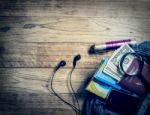 Necessary Object For Travelers In Denim Handbag Stock Photo