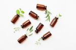 Top View, Bottle Of Essential Oil With Herbs Stock Photo