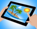 Tropical Island Tablet Shows Exotic Beach 3d Illustration Stock Photo