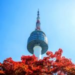 Seoul Tower And Red Autumn Maple Leaves At Namsan Mountain In South Korea Stock Photo