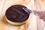 Fresh Classic Homemade Cheesecake With Dark Chocolate Topping Stock Photo