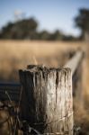 Rusted Sharp Timber And Metal Barb Wire Fence Stock Photo