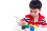 Asian Boy Draw Image Using Drawing Instruments, Creativity Conce Stock Photo