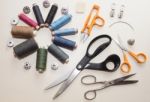 Tailor, Tailoring Table And Utensils Stock Photo