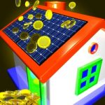 Coins Falling On House Showing Money Saving Or Monetary Advantag Stock Photo