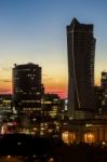 Sunset Over The Skyline In Warsaw Stock Photo