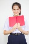 Asia Thai High School Student Uniform Beautiful Girl Read A Book Stock Photo