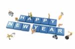 Miniature Worker Team Building Word Happy New Year On White Back Stock Photo