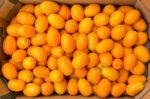 Heap Of Orange Kumquats In Cardboard Box Stock Photo