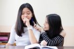 Two Asia Thai High School Student Uniform Best Friends Beautiful Girl Reading Book Stock Photo