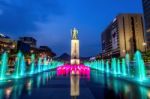 Seoul, South Korea - April 30, 2016:beautifully Color Water Fountain At Gwanghwamun Plaza With The Statue Of The Admiral Yi Sun-sin In Downtown.photo Taken On April 30,2016 In Seoul,south Korea Stock Photo