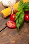 Italian Spaghetti Pasta Tomato And Basil Stock Photo