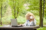 Business Lady Using Laptop In Park Stock Photo