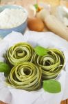 Traditional Italian Raw Homemade Spinach Pasta Stock Photo