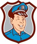 Policeman Winking Smiling Shield Cartoon Stock Photo