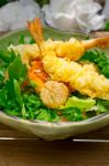 Fresh Japanese Tempura Shrimps With Salad Stock Photo