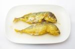 Fried Mackerel On White Background Stock Photo