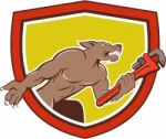 Wolf Plumber Monkey Wrench Shield Cartoon Stock Photo