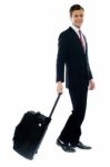 Handsome Businessman Dragging Trolley Bag Stock Photo