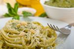 Italian Traditional Basil Pesto Pasta Ingredients Stock Photo