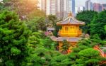 The Golden Pavilion Of Absolute Perfection In Nan Lian Garden In Chi Lin Nunnery, Hong Kong Stock Photo