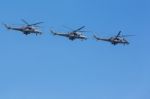 Mi-24 Attack Helicopters Fly On Military Parade Devoted To 70th Stock Photo