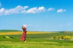 Woman Standing On Green Grass In Green Tea Field Stock Photo