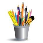 Painting Tool In Office Isolated On White Background. Colored Pencil, Pen And Ruler In Office A Full Set Stock Photo