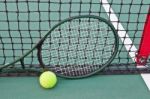 Tennis Court With Ball And Racquet Stock Photo