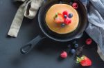 Pancakes With Blueberries  & Raspberry On Wood Background Stock Photo