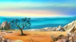 Rocky Shore With Lonely Tree Against Blue Sky At Dawn Stock Photo