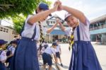 Student 9-10 Years Old, Scout In Adventure Activities, Scout Camp School Bangkok Thailand Stock Photo