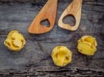 Italian Foods Concept And Menu Design. Dried Homemade Fettuccine Stock Photo