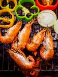 Shrimp,prawns Grilled On Barbecue Fire Stove With Chilly Onion For Seafood Meal Stock Photo