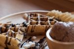 Belgian Waffles With Fruit And Chocolate, Forest Fruit, All Home Stock Photo