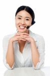 Cute Asian Female As Help Desk Operator Stock Photo