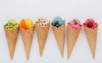 Various Of Ice Cream Flavor In Cones Blueberry ,strawberry ,pist Stock Photo