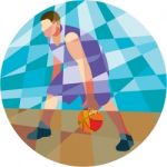 Basketball Player Dribbling Ball Circle Low Polygon Stock Photo